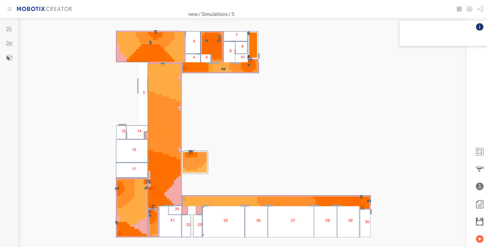 Plano de planta en MOBOTIX Creator con la cobertura simulada de cada cámara