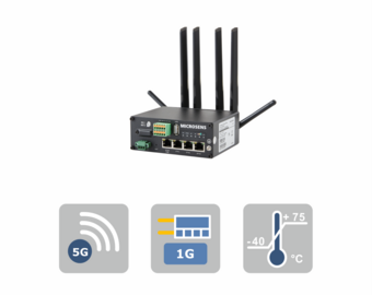 Router industrial MICROSENS con antenas para Wi-Fi y 5G