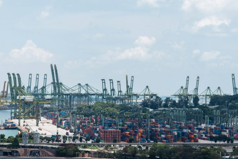 Grúas pórtico y contenedores apilados en una terminal portuaria