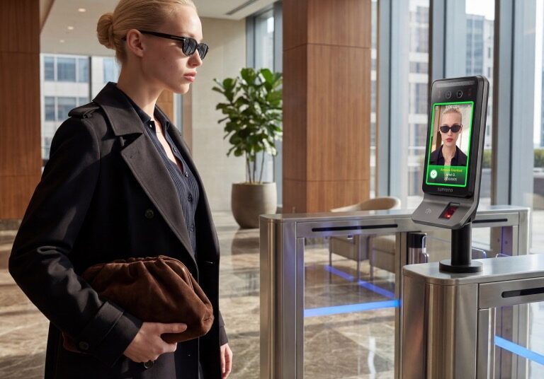 Persona identificándose por rostro en un terminal Suprema junto a un torniquete